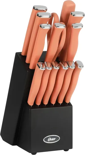 Oster Langmore 15 Piece Stainless Steel Cutlery Knife Block Set W/Black Box – Terracotta Orange Handles