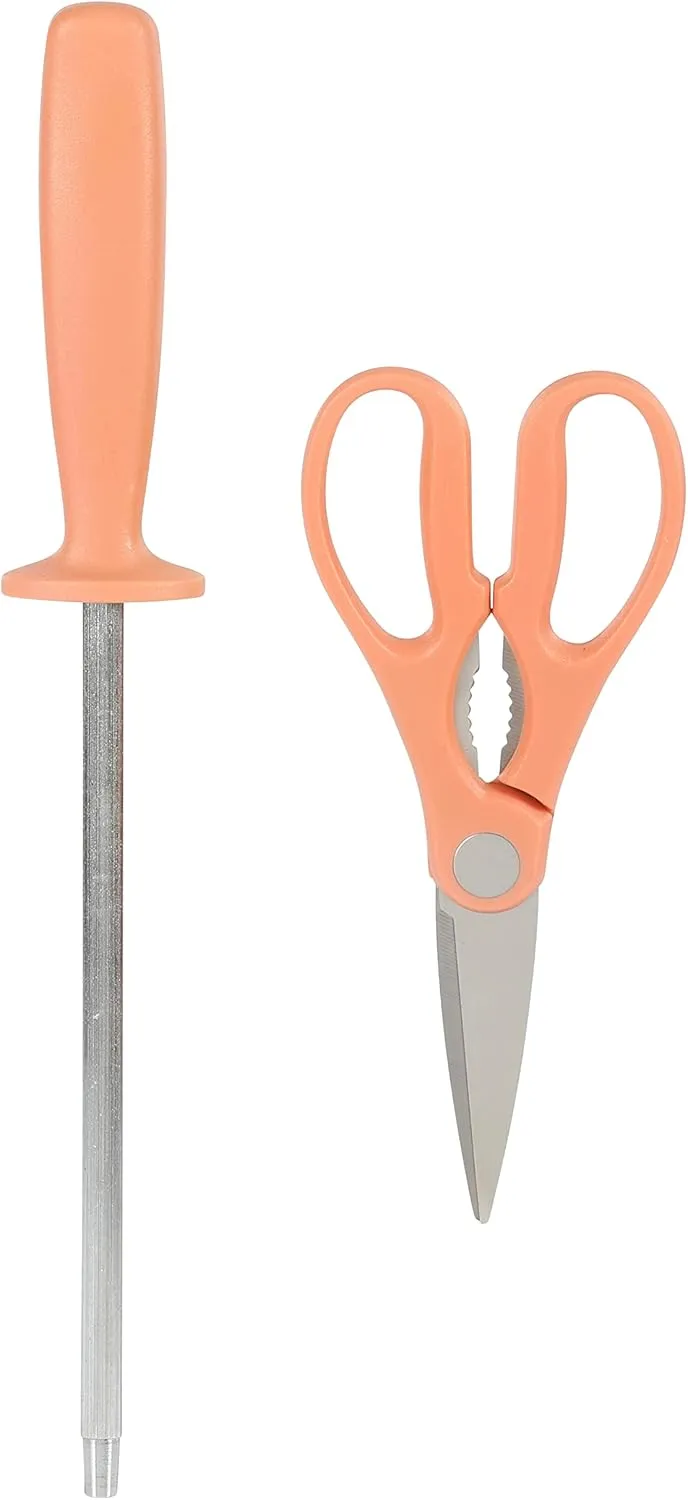 Oster Langmore 15 Piece Stainless Steel Cutlery Knife Block Set W/Black Box – Terracotta Orange Handles