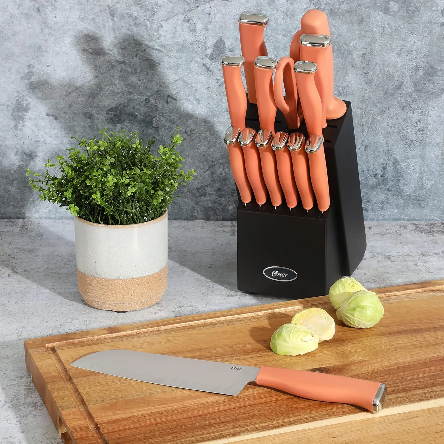 Oster Langmore 15 Piece Stainless Steel Cutlery Knife Block Set W/Black Box – Terracotta Orange Handles