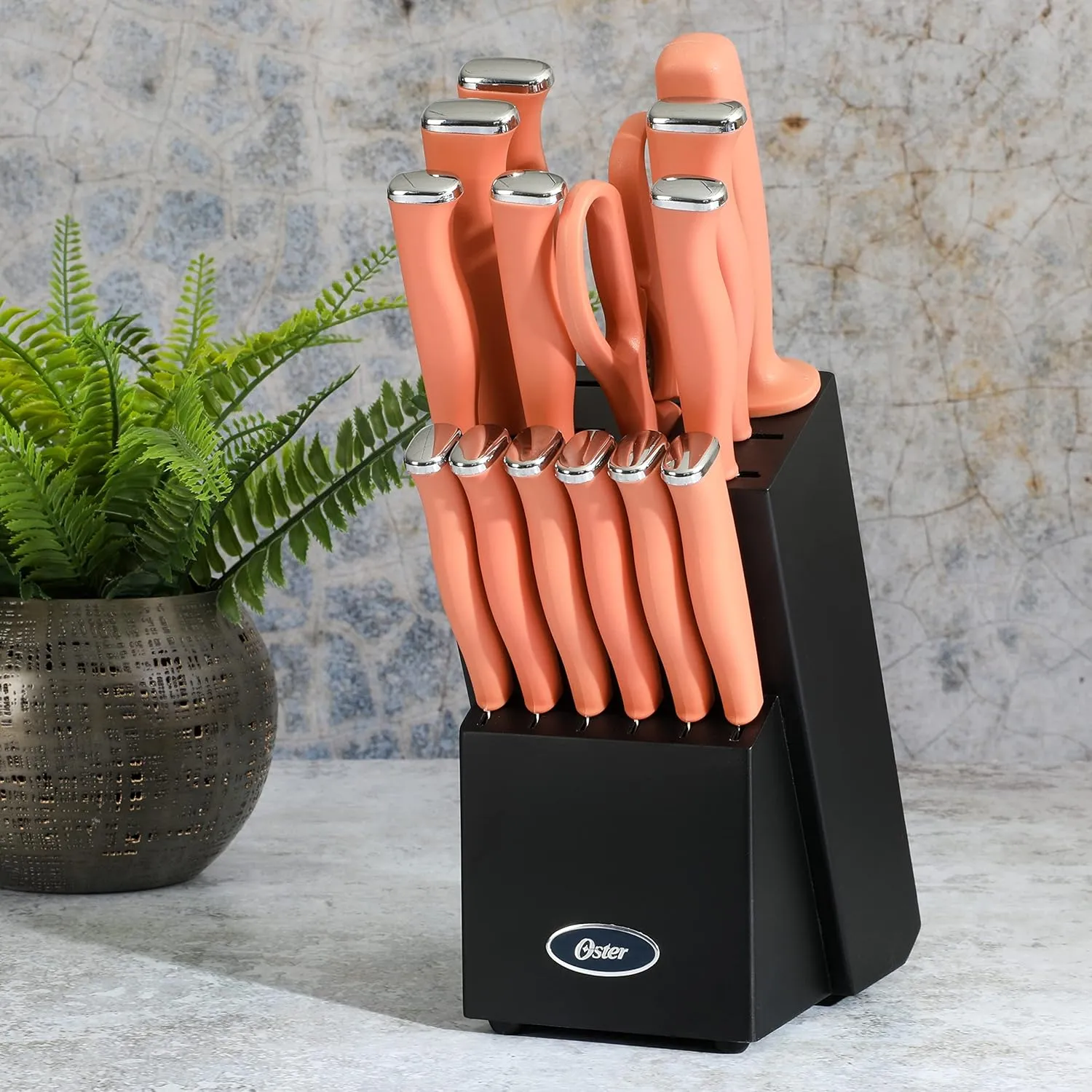 Oster Langmore 15 Piece Stainless Steel Cutlery Knife Block Set W/Black Box – Terracotta Orange Handles