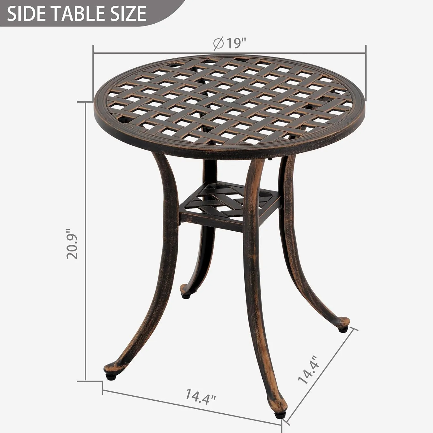 Outdoor 19" Cast Aluminum Round Side Table End Table for Patio, Backyard, Pool, Indoor Companion, Easy Maintenance and Weather Resistant, Bronze