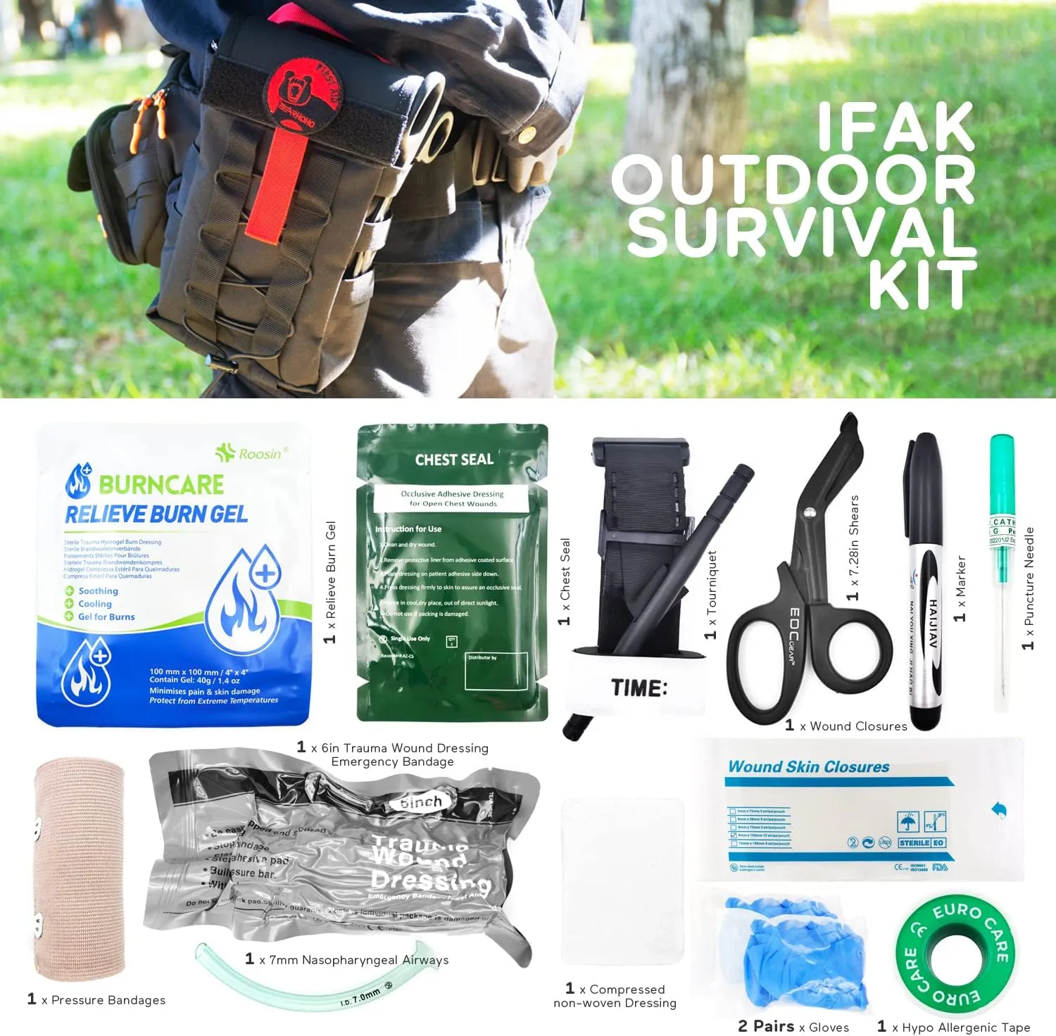 Outdoor Survival Kit IFAK Quick Pull Out Emergency Medical Bag Tactical First Aid Kit Molle System One Hand Operation for Camping Training Hiking Trauma Supplies