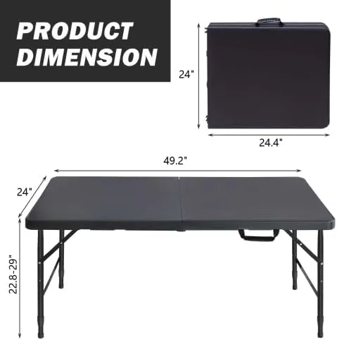 OUTLANE Folding Table 4FT, Portable Heavy Duty Plastic Folding Table with Handle, Waterproof, Easy to Clean, Adjustable Height, Anti-Slip Feet, 300LBS Capacity, Foldable for Indoor Outdoor Use(Black)