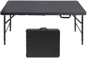 OUTLANE Folding Table 4FT, Portable Heavy Duty Plastic Folding Table with Handle, Waterproof, Easy to Clean, Adjustable Height, Anti-Slip Feet, 300LBS Capacity, Foldable for Indoor Outdoor Use(Black)
