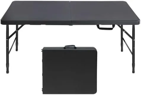 OUTLANE Folding Table 4FT, Portable Heavy Duty Plastic Folding Table with Handle, Waterproof, Easy to Clean, Adjustable Height, Anti-Slip Feet, 300LBS Capacity, Foldable for Indoor Outdoor Use(Black)