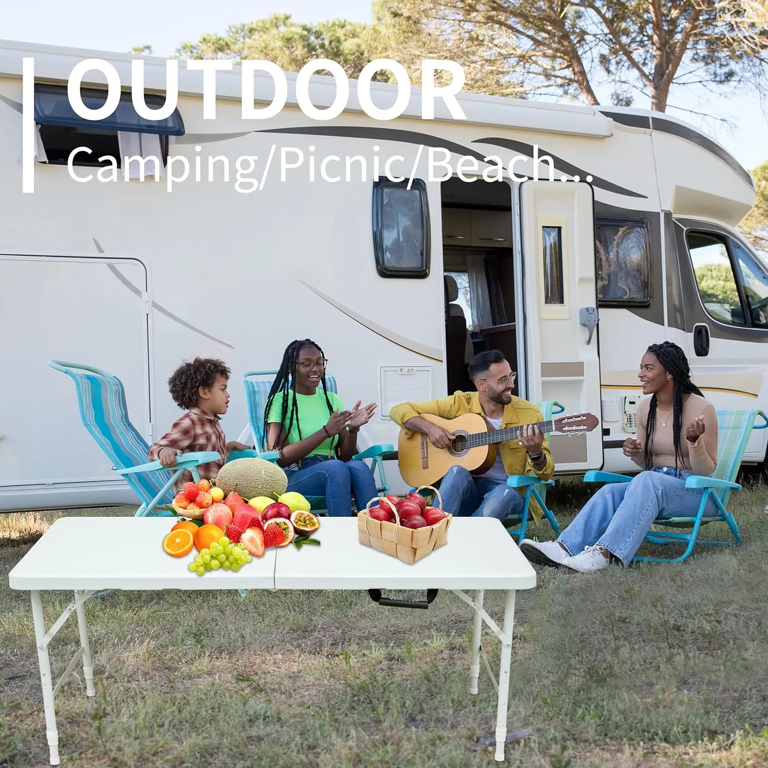 OUTLANE Folding Table 4FT, Portable Heavy Duty Plastic Folding Table with Handle, Waterproof, Easy to Clean, Adjustable Height, Anti-Slip Feet, 300LBS Capacity, Foldable for Indoor Outdoor Use(White)