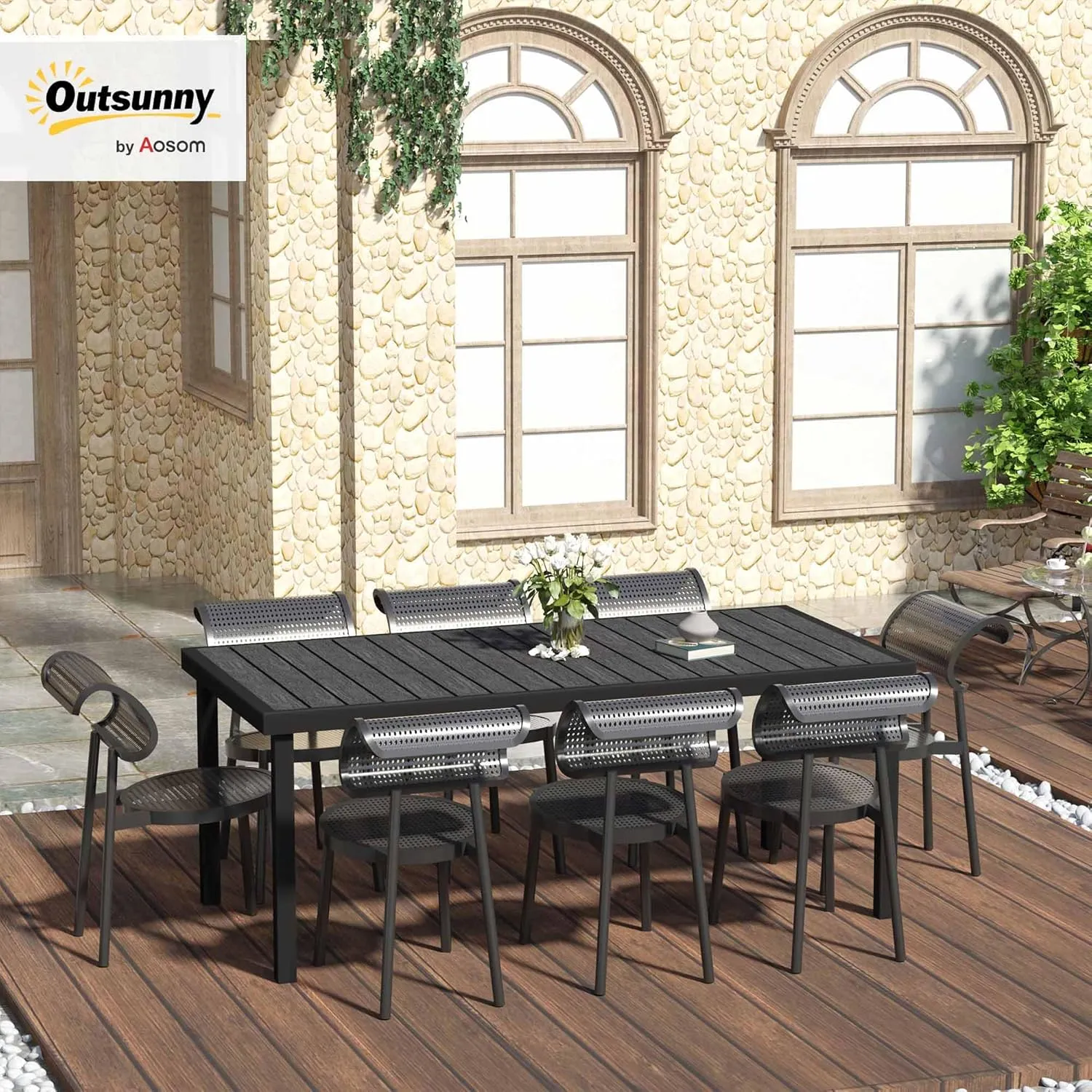 Outsunny 75" x 35" Outdoor Dining Table for 8 People, Rectangular Aluminum Frame Garden Table with All-Weather Faux Wood Top for Garden, Lawn, Patio, Black