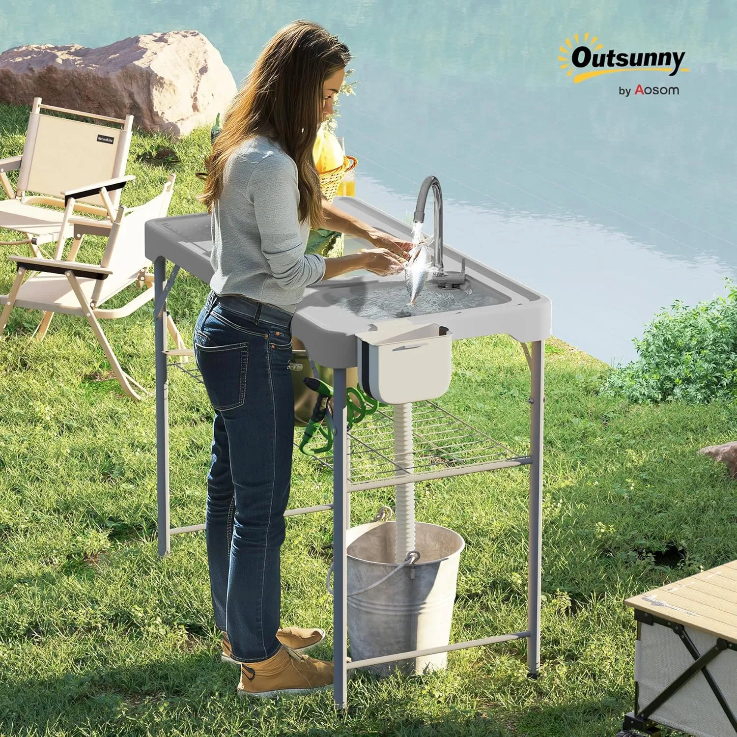 Outsunny Folding Fish Cleaning Table with Sinks, Portable Camping Sink Table, Gray
