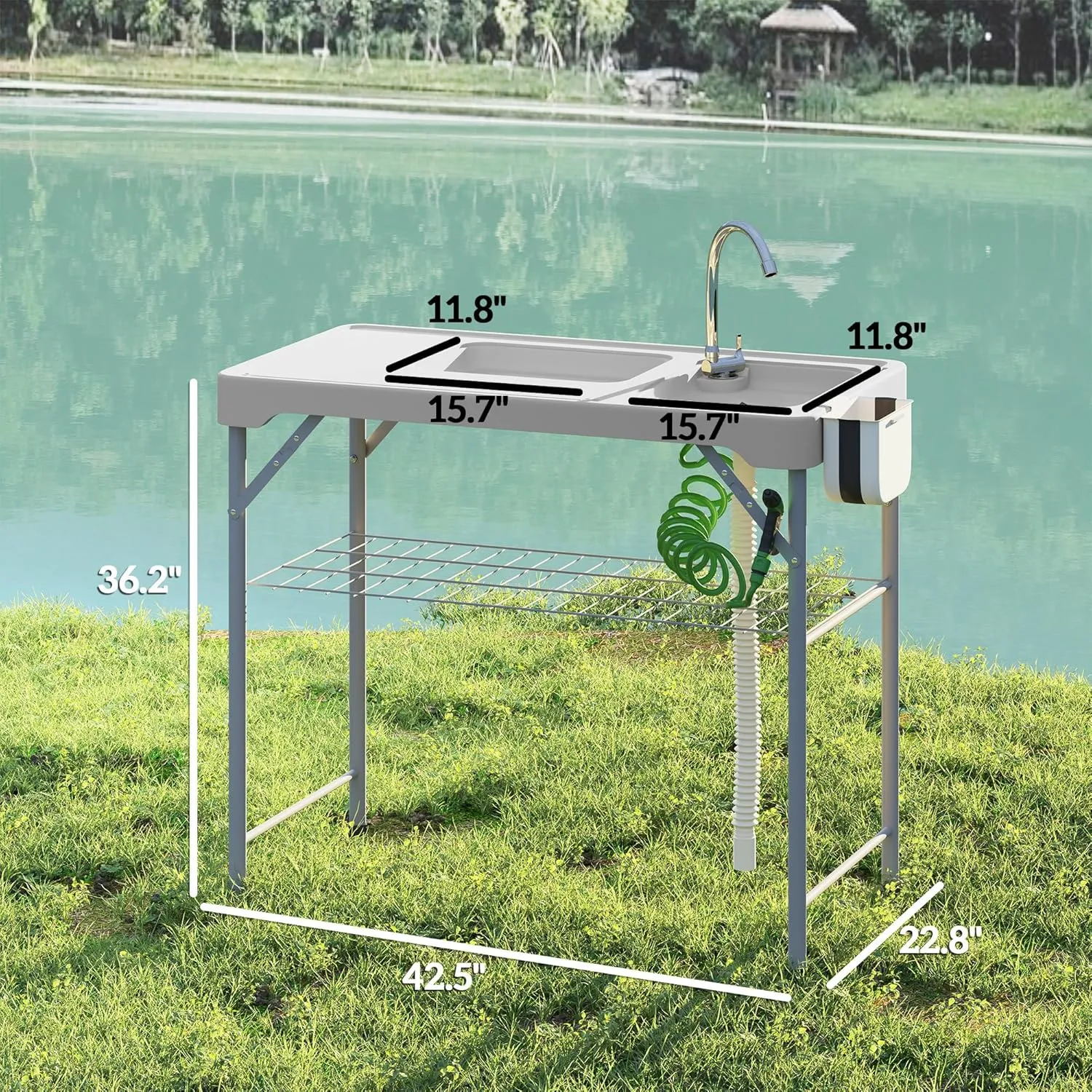 Outsunny Folding Fish Cleaning Table with Sinks, Portable Camping Sink Table, Gray