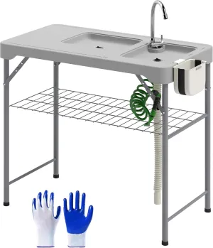 Outsunny Folding Fish Cleaning Table with Sinks, Portable Camping Sink Table, Gray