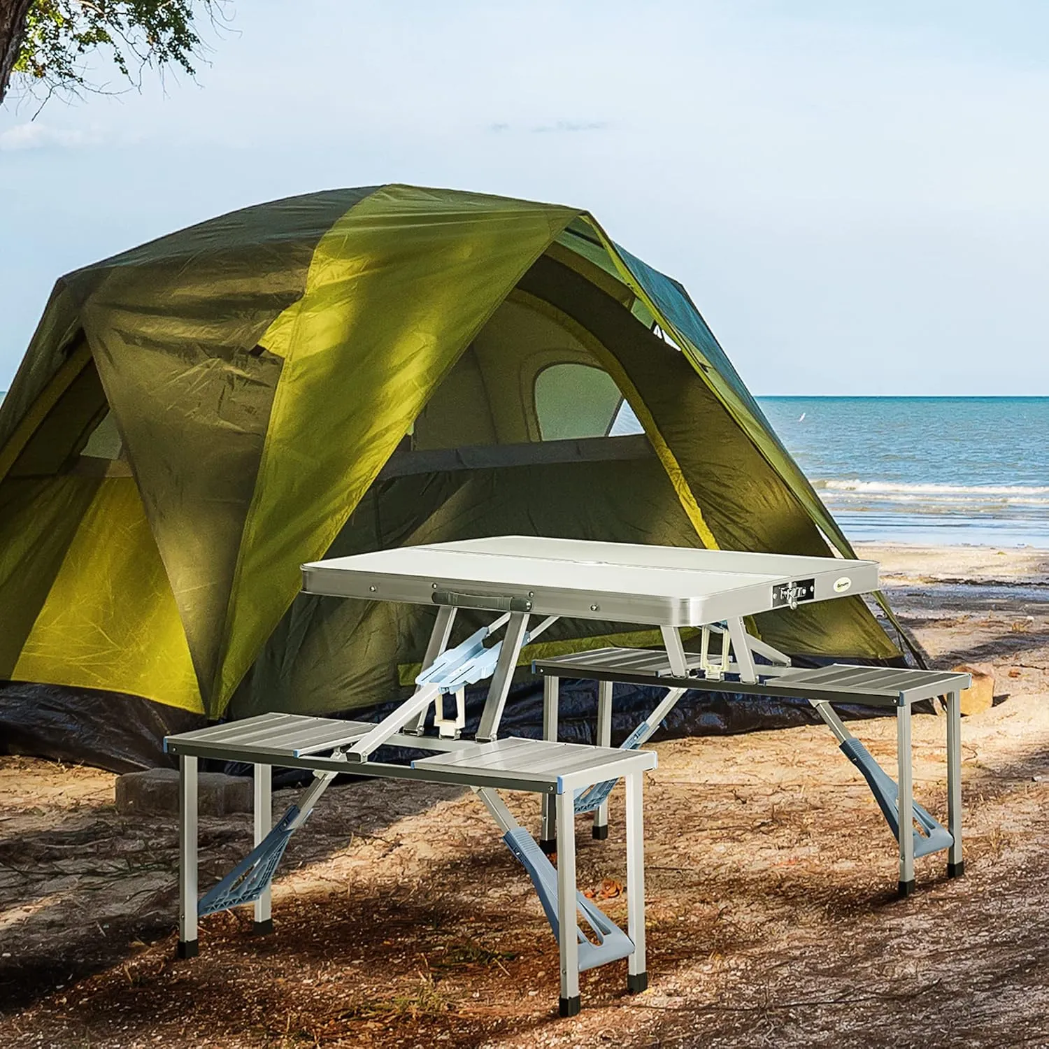 Outsunny Folding Picnic Table with Umbrella Hole, Aluminum Suitcase Portable Outdoor Table with Bench, Patio, Porch or Camping Table and Chair Set, Silver