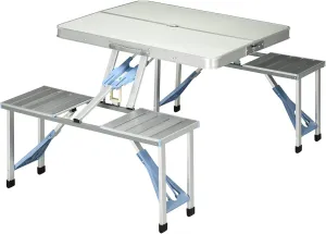 Outsunny Folding Picnic Table with Umbrella Hole, Aluminum Suitcase Portable Outdoor Table with Bench, Patio, Porch or Camping Table and Chair Set, Silver