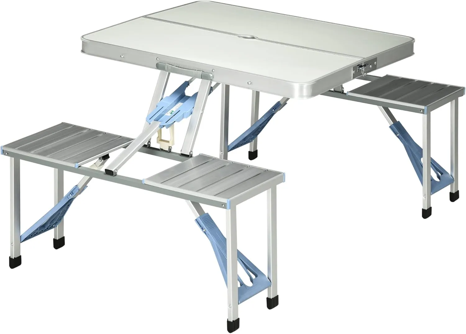 Outsunny Folding Picnic Table with Umbrella Hole, Aluminum Suitcase Portable Outdoor Table with Bench, Patio, Porch or Camping Table and Chair Set, Silver