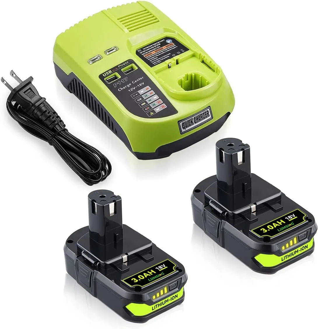 P102 3.0Ah 2Pack Lithium-ion Replacement for Ryobi 18V Battery and Charger Combo Compatible with Ryobi Battery and P117 Charger with Dual USB
