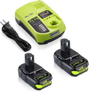 P102 3.0Ah 2Pack Lithium-ion Replacement for Ryobi 18V Battery and Charger Combo Compatible with Ryobi Battery and P117 Charger with Dual USB
