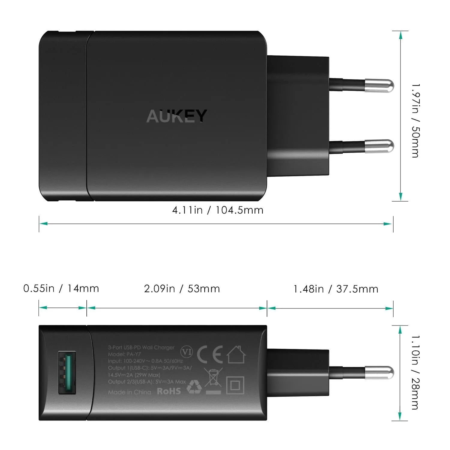 PA-Y7 29W Amp Duo Power Delivery 3.0 USB C  2 Port Turbo Charger