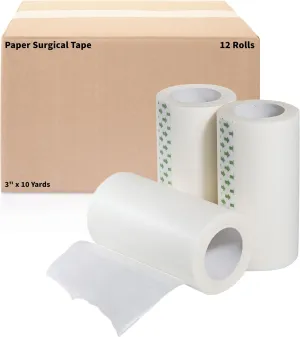 Paper Medical First Aid Emergency Tape 3" x 10 Yards [Pack of 12 Rolls] Lightweight Breathable Microporous Self Adhesive Latex Free Hypoallergenic Bandage and Wound Dressing Tape - 3 inch