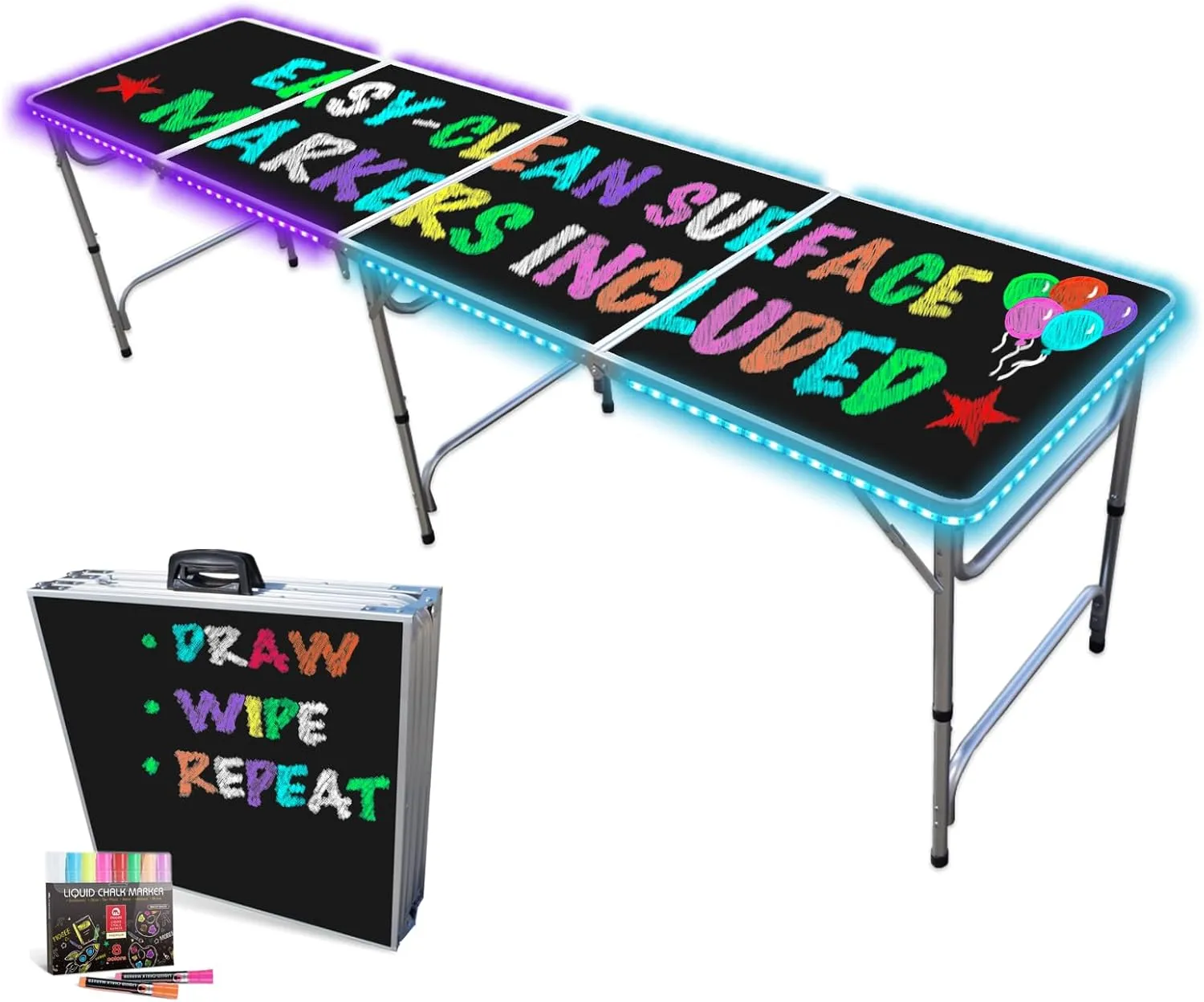 PARTYPONG PartyTable 8 Foot or 4 Foot Portable Folding Adjustable Table w/LED Lights & Erasable Surface