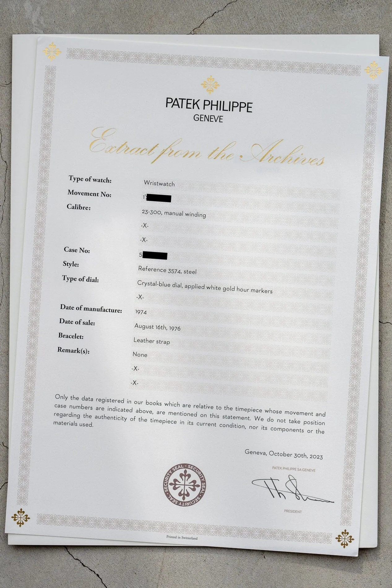 Patek Philippe カラトラバ 3574 SS ブルーダイアル アーカイブ付き