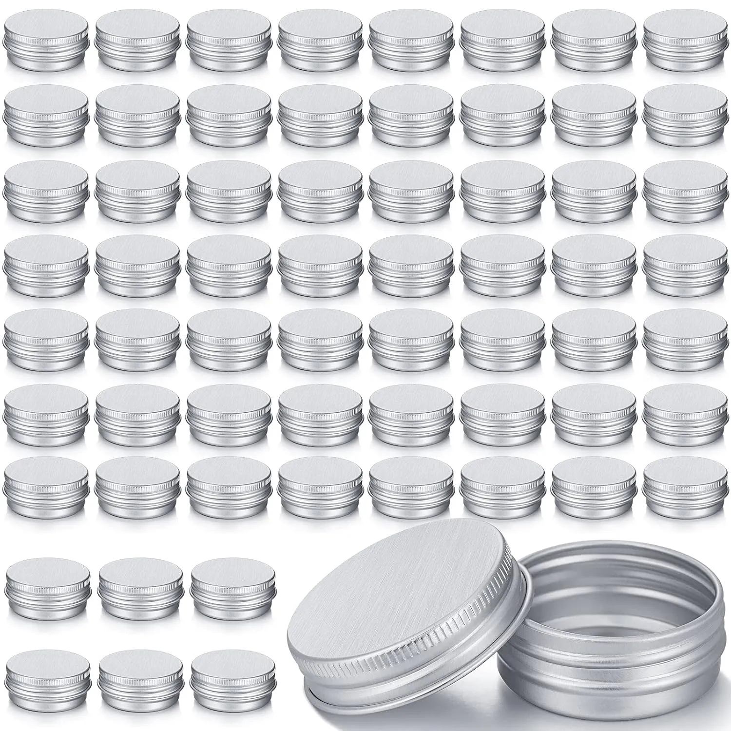 Patelai 64 Pieces Lip Balm Tin Containers Screw Top Round Tin Cans Aluminum Jar with Screw Lid, Empty Bottle Travel Cosmetic Sample Container for DIY(0.5 oz,Silver)