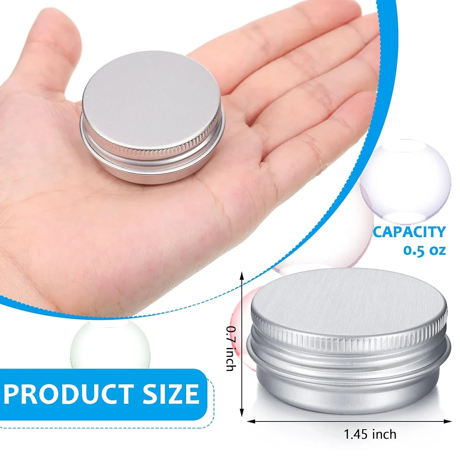 Patelai 64 Pieces Lip Balm Tin Containers Screw Top Round Tin Cans Aluminum Jar with Screw Lid, Empty Bottle Travel Cosmetic Sample Container for DIY(0.5 oz,Silver)