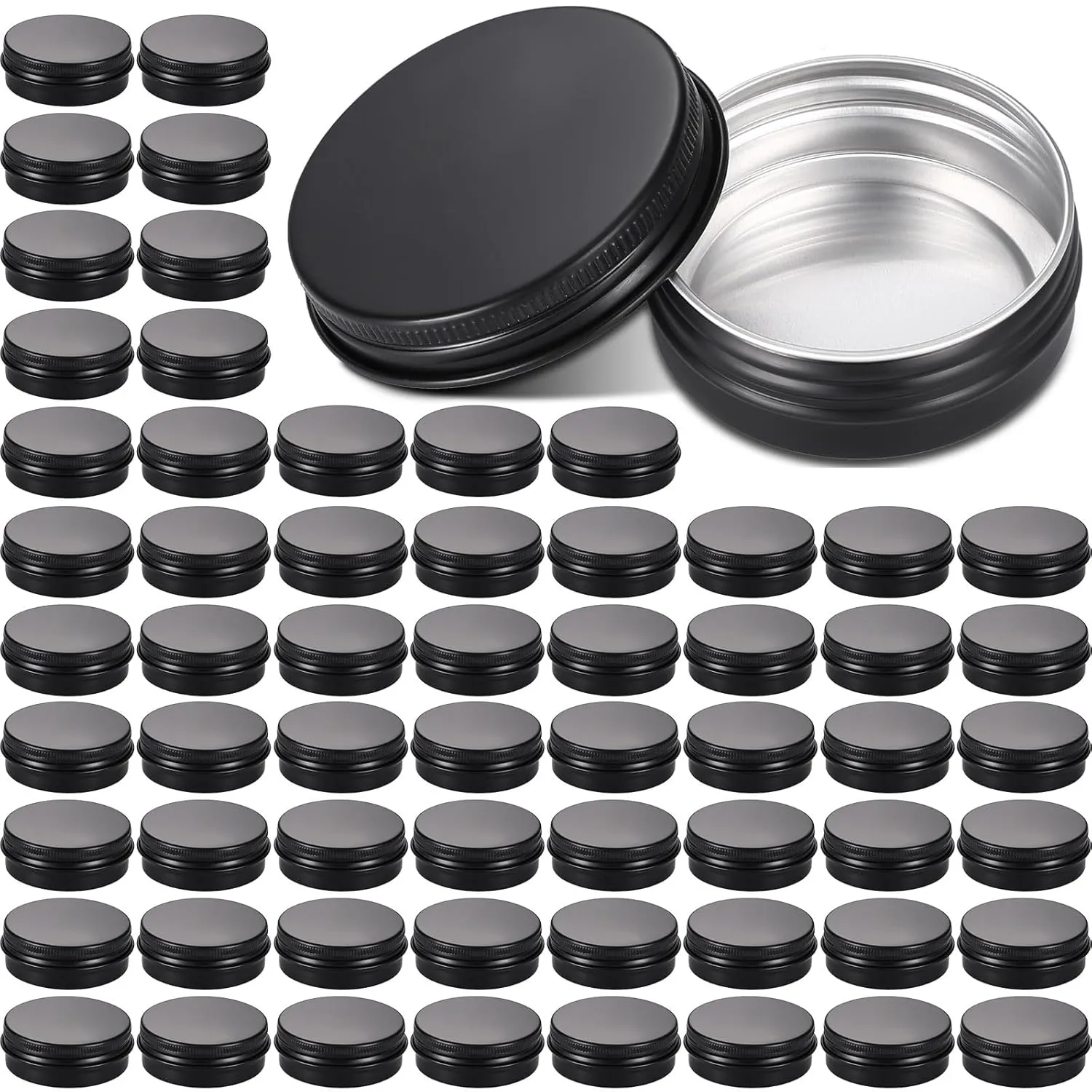 Patelai 64 Pieces Lip Balm Tin Containers Screw Top Round Tin Cans Aluminum Jar with Screw Lid, Empty Bottle Travel Cosmetic Sample Container for DIY(1 oz,Matte Black)