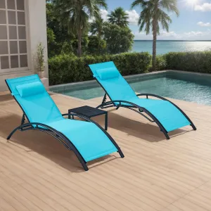 Patio Chaise Lounge, Pool Chaise Lounge Chairs Set of 3 with Pillow, Side Table & 5-Position Adjustable Backrest, Sunbathing Recliner for Poolside, Deck & Backyard (Turquoise Blue)