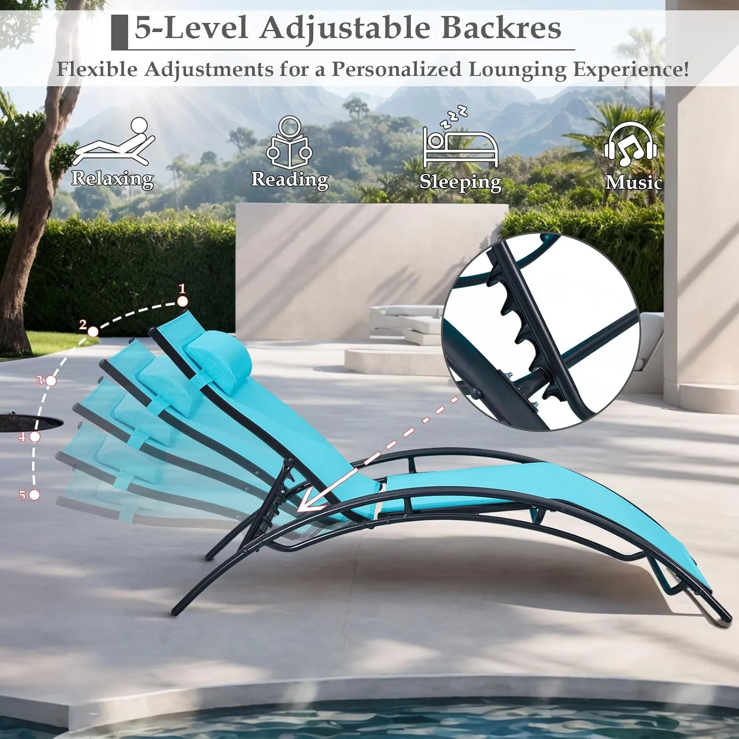 Patio Chaise Lounge, Pool Chaise Lounge Chairs Set of 3 with Pillow, Side Table & 5-Position Adjustable Backrest, Sunbathing Recliner for Poolside, Deck & Backyard (Turquoise Blue)