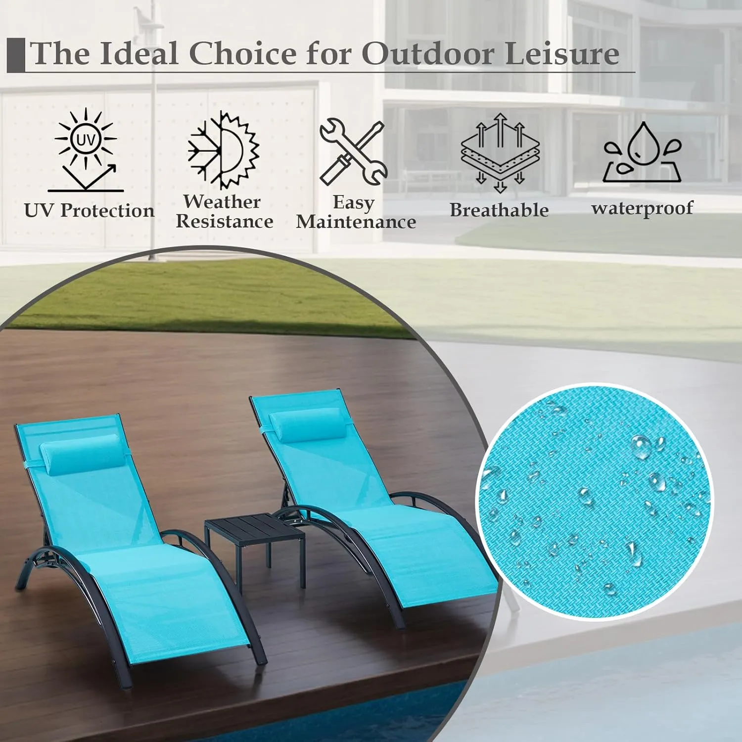 Patio Chaise Lounge, Pool Chaise Lounge Chairs Set of 3 with Pillow, Side Table & 5-Position Adjustable Backrest, Sunbathing Recliner for Poolside, Deck & Backyard (Turquoise Blue)