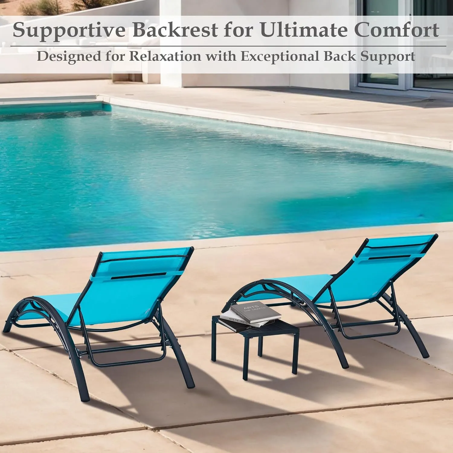 Patio Chaise Lounge, Pool Chaise Lounge Chairs Set of 3 with Pillow, Side Table & 5-Position Adjustable Backrest, Sunbathing Recliner for Poolside, Deck & Backyard (Turquoise Blue)