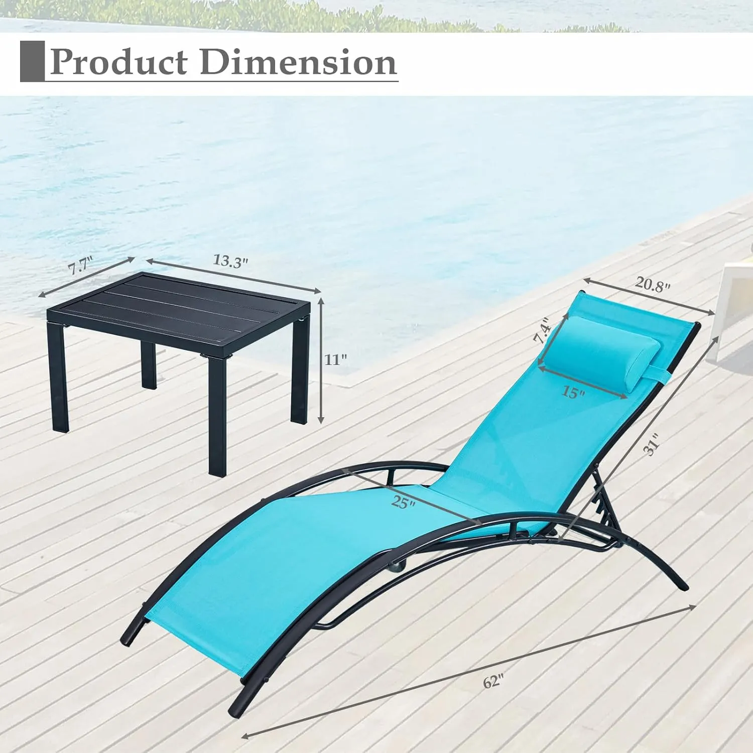 Patio Chaise Lounge, Pool Chaise Lounge Chairs Set of 3 with Pillow, Side Table & 5-Position Adjustable Backrest, Sunbathing Recliner for Poolside, Deck & Backyard (Turquoise Blue)