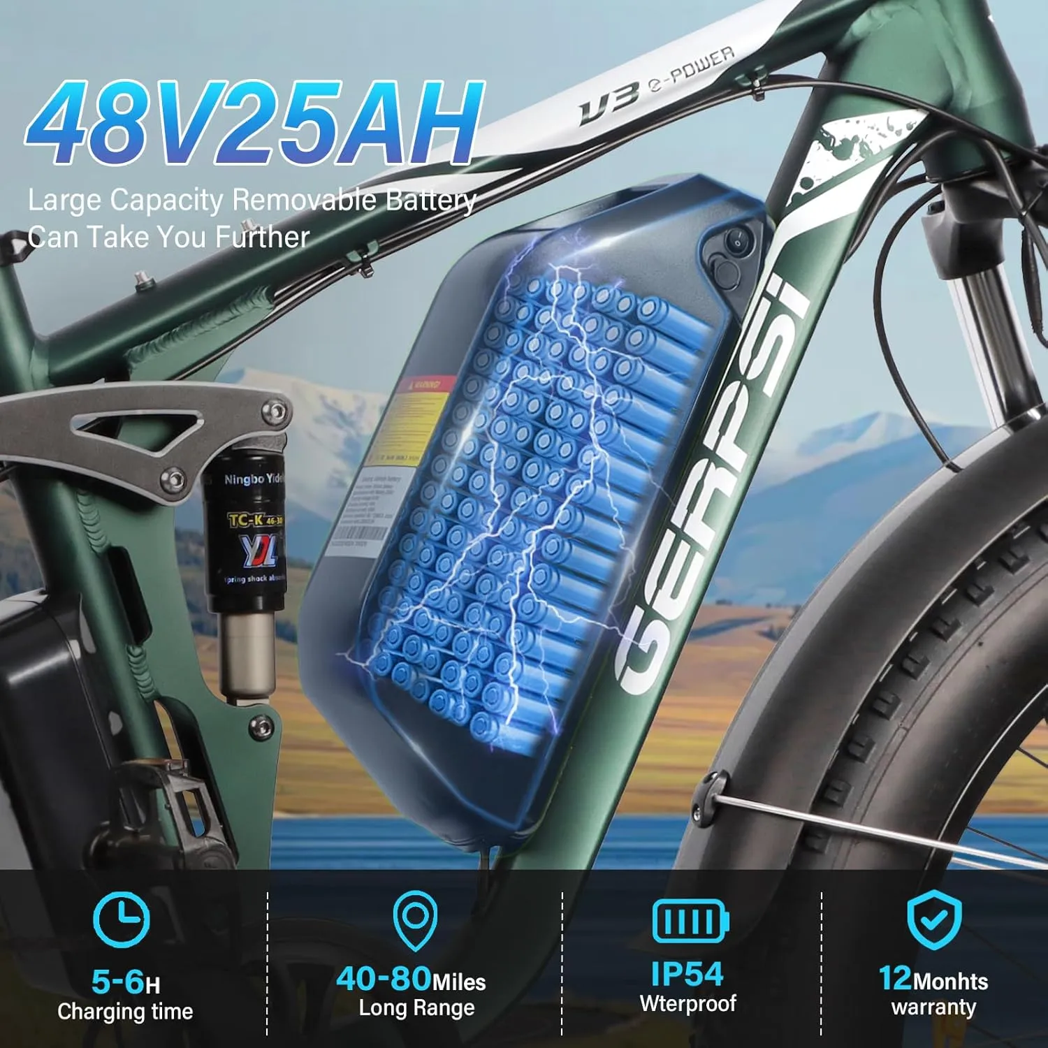 Peak 5000W Dual Motor Ebike for Adults, Electric Mountain Dirt Bicycle with 25Ah Battery & USB Port Electric Bike for Beach, Forest All-Terrain