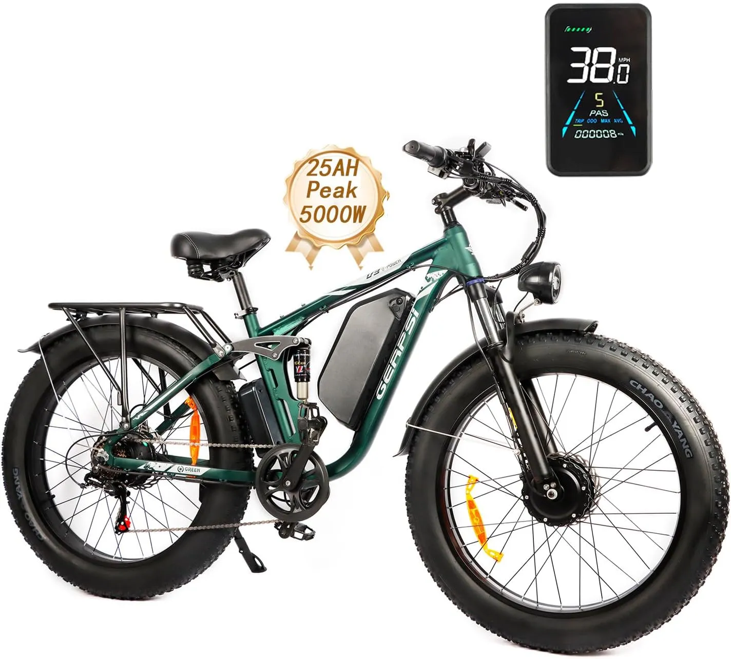 Peak 5000W Dual Motor Ebike for Adults, Electric Mountain Dirt Bicycle with 25Ah Battery & USB Port Electric Bike for Beach, Forest All-Terrain