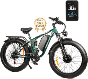 Peak 5000W Dual Motor Ebike for Adults, Electric Mountain Dirt Bicycle with 25Ah Battery & USB Port Electric Bike for Beach, Forest All-Terrain