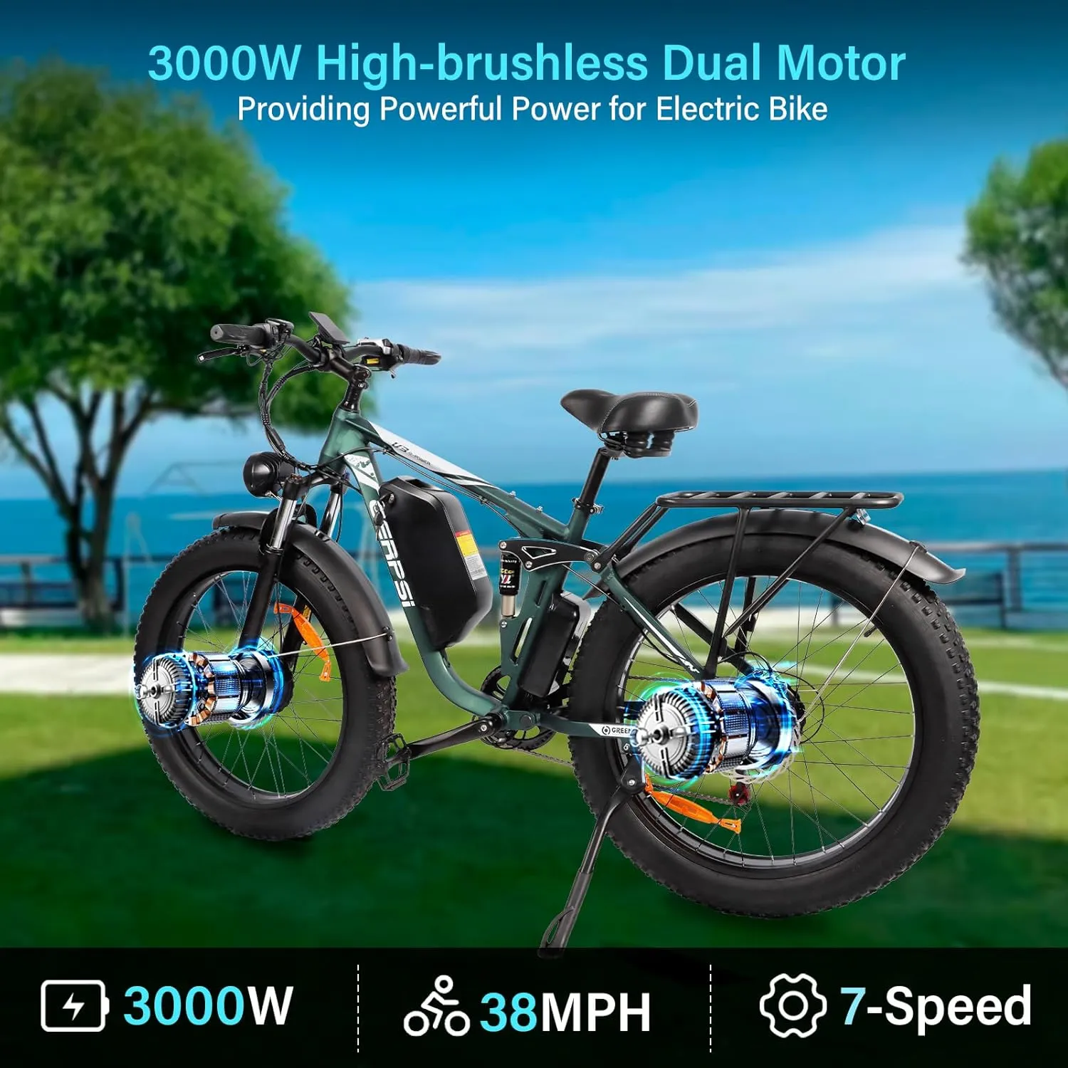 Peak 5000W Dual Motor Ebike for Adults, Electric Mountain Dirt Bicycle with 25Ah Battery & USB Port Electric Bike for Beach, Forest All-Terrain