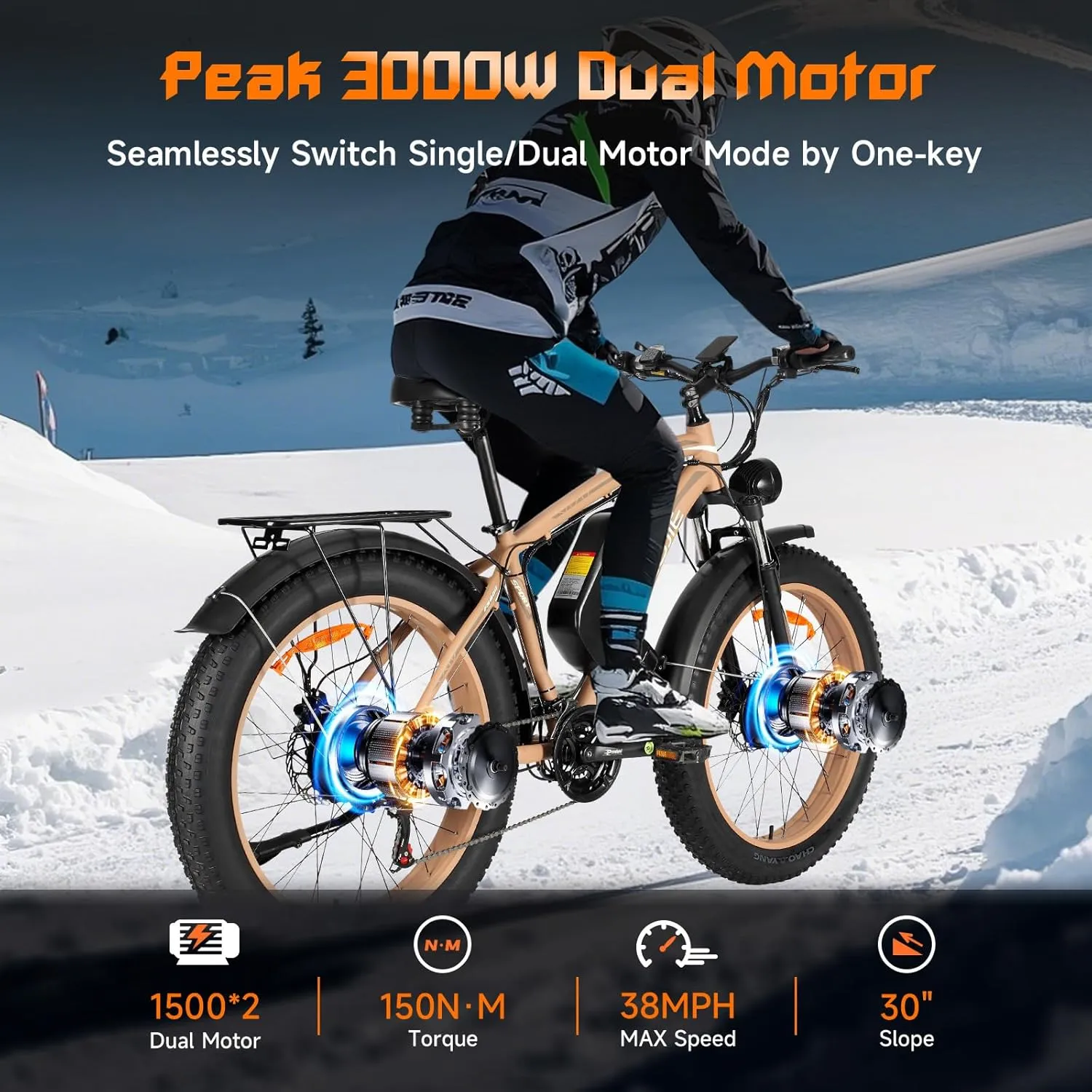 Peak 5000W Dual Motor Ebike for Adults, Electric Mountain Dirt Bicycle with 25Ah Battery & USB Port Electric Bike for Beach, Forest All-Terrain