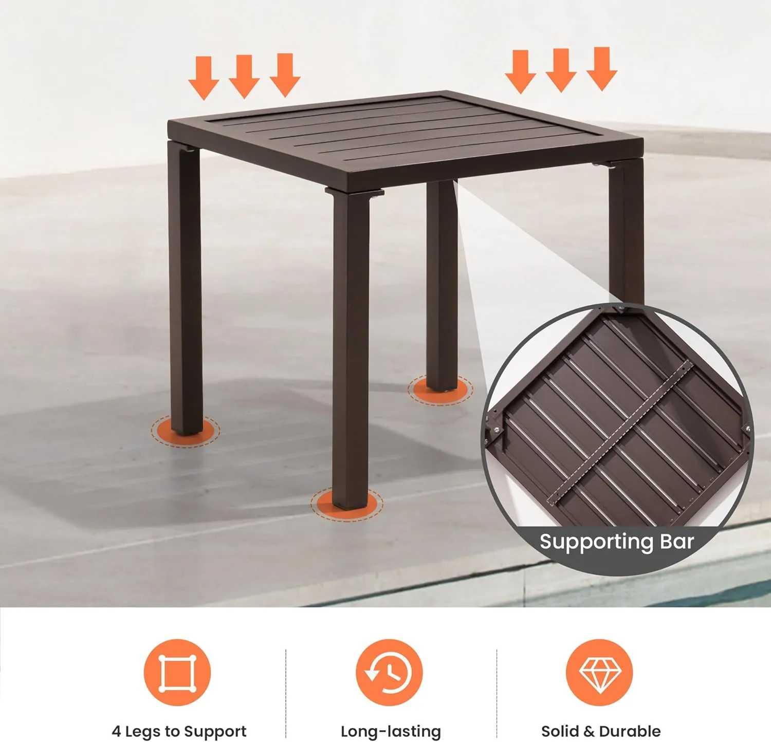 Pellebant Indoor Outdoor Small Aluminum Square Side End Table, Chaise Lounge Table, Patio Coffee Bistro Table, Brwon,2PC