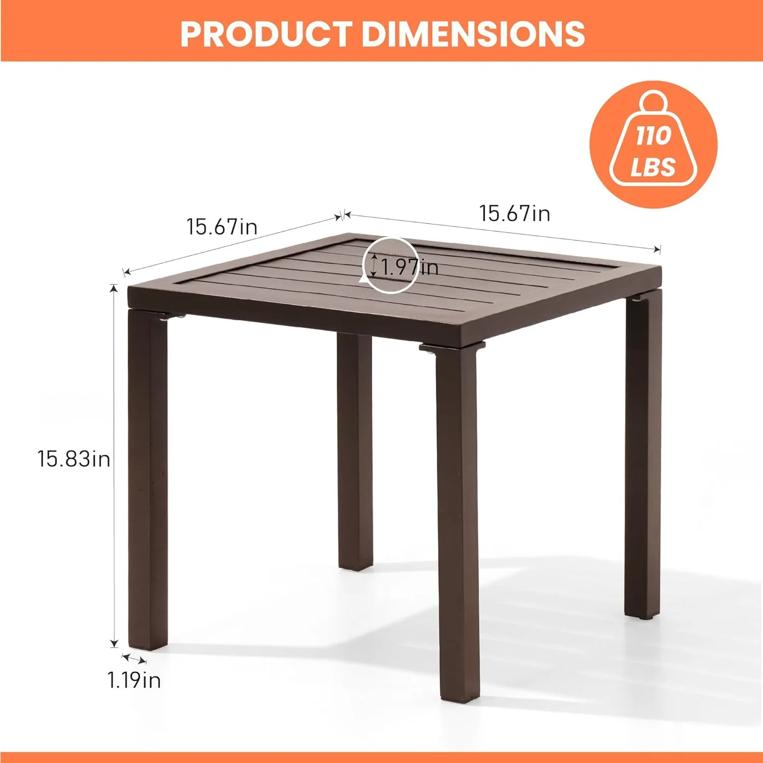 Pellebant Indoor Outdoor Small Aluminum Square Side End Table, Chaise Lounge Table, Patio Coffee Bistro Table, Brwon,2PC
