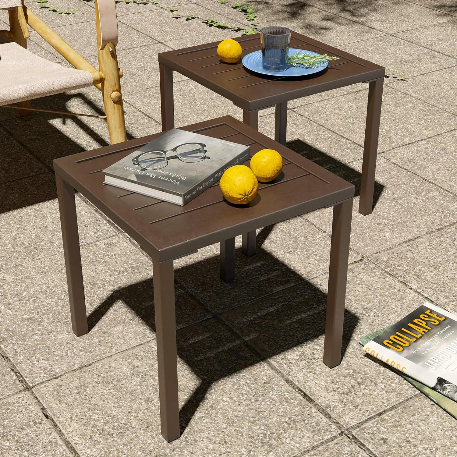 Pellebant Indoor Outdoor Small Aluminum Square Side End Table, Chaise Lounge Table, Patio Coffee Bistro Table, Brwon,2PC