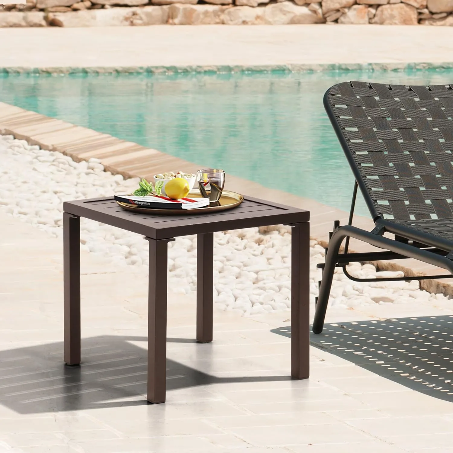 Pellebant Indoor Outdoor Small Aluminum Square Side End Table, Chaise Lounge Table, Patio Coffee Bistro Table, Brwon,2PC