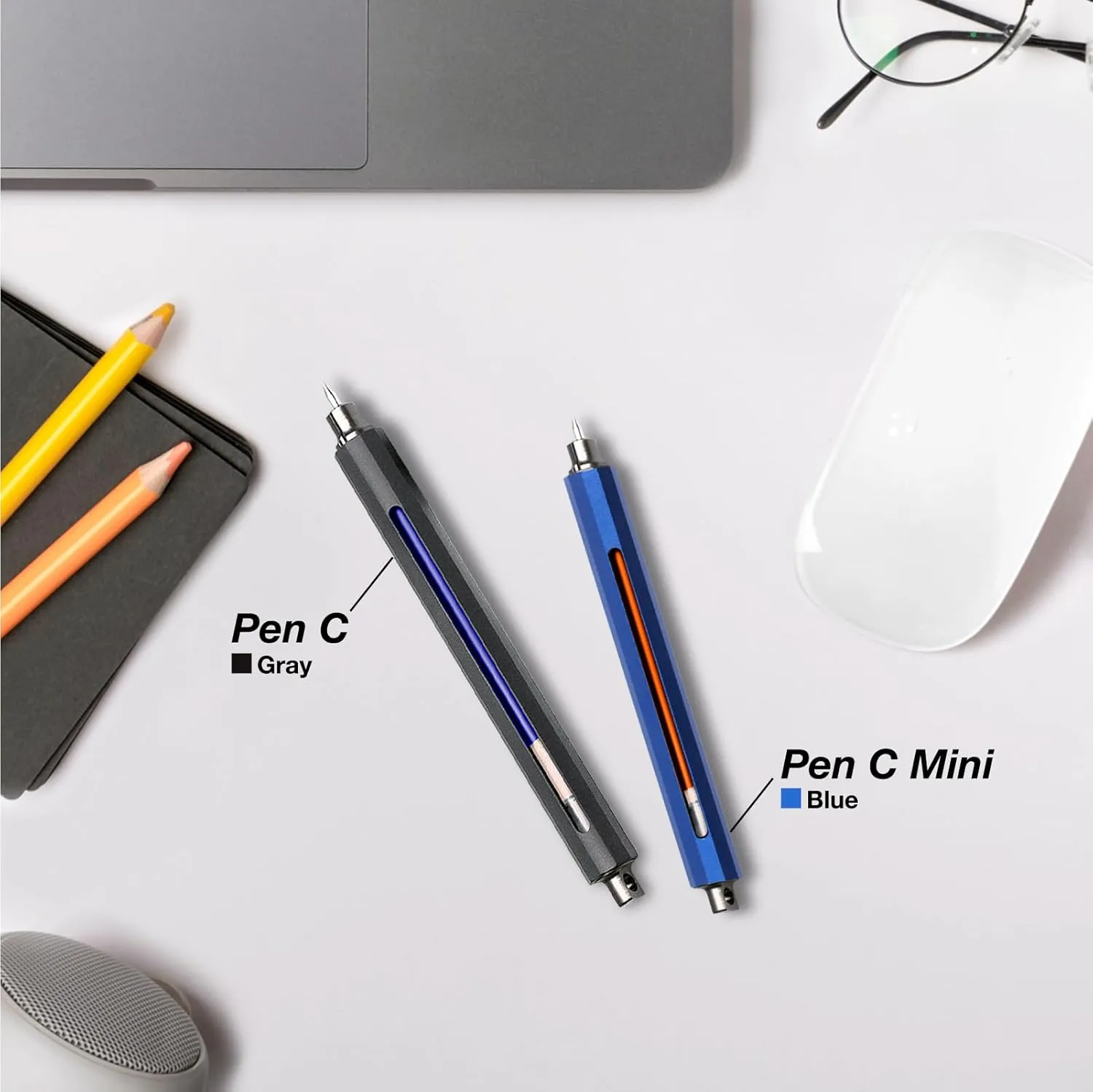 Pen C Mini, Durable Aluminum Alloy EDC Pen, with 100  Replacement Refills - Ballpoint, Rollerball, Gel. Auto-Adjusting Refillable Pen, Best Writing and Sketching Gift for Men and Women_Silver