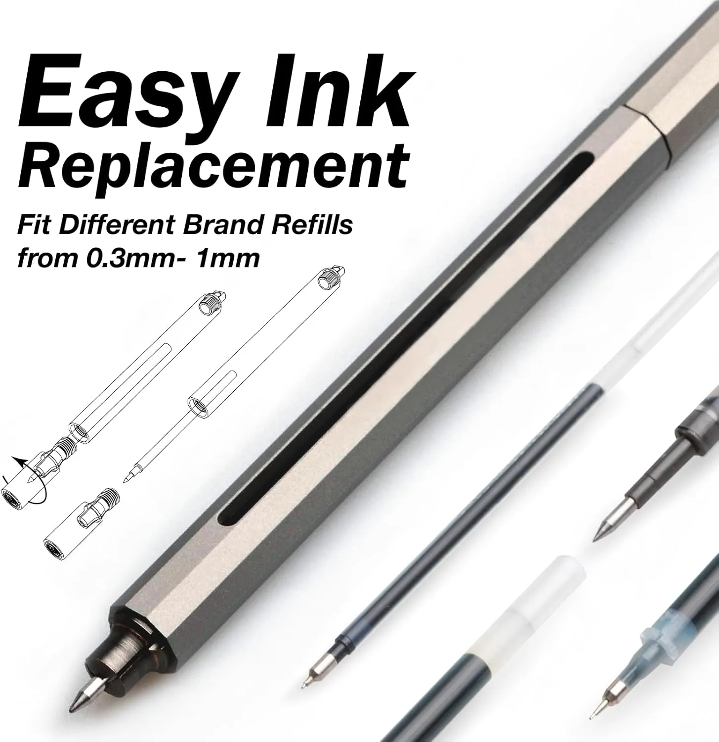 Pen C Mini, Durable Aluminum Alloy EDC Pen, with 100  Replacement Refills - Ballpoint, Rollerball, Gel. Auto-Adjusting Refillable Pen, Best Writing and Sketching Gift for Men and Women_Silver