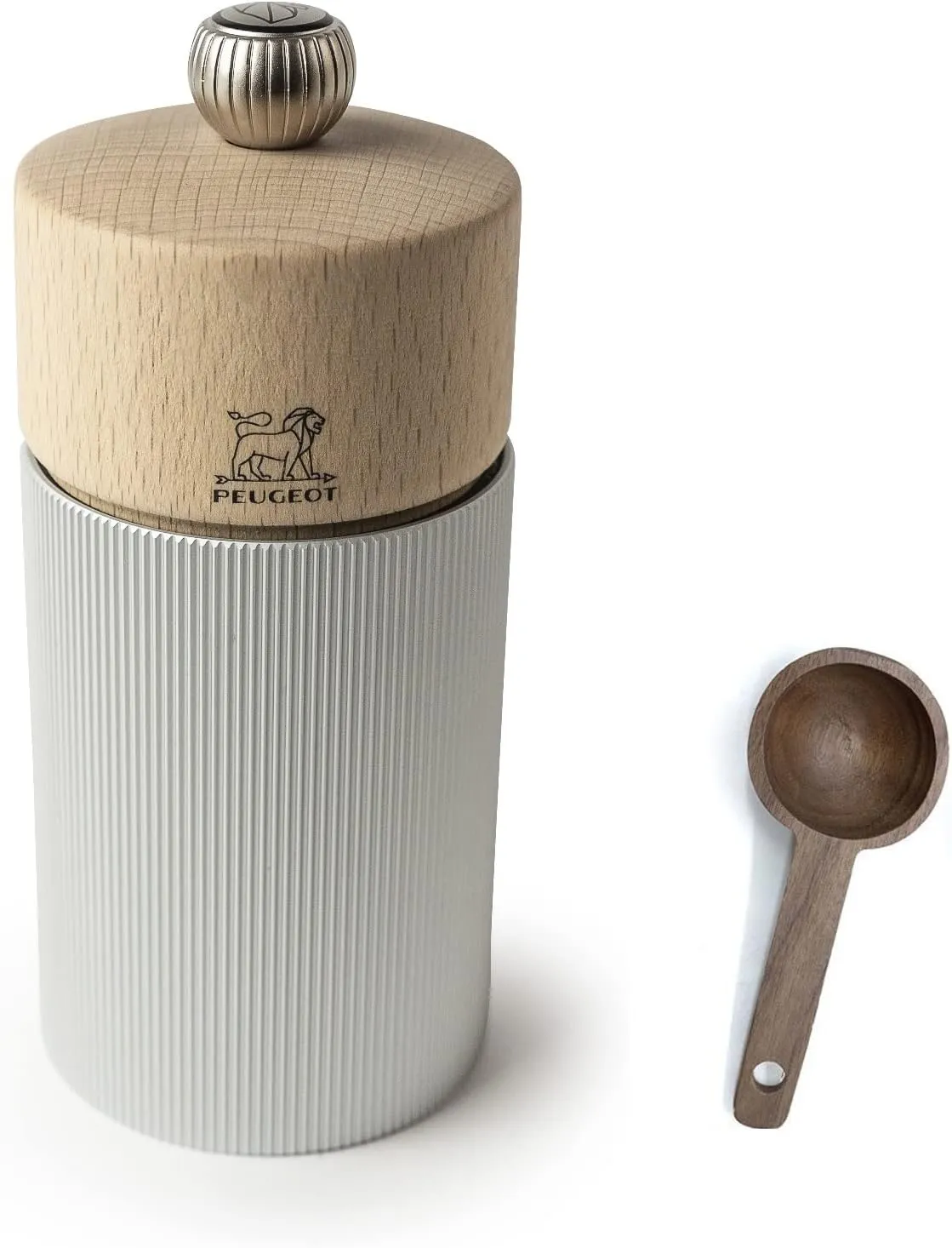 Peugeot Line Manual Pepper Mill, alu, 12 cm - 4.75" Natural Wood - With Wooden Spice Scoop