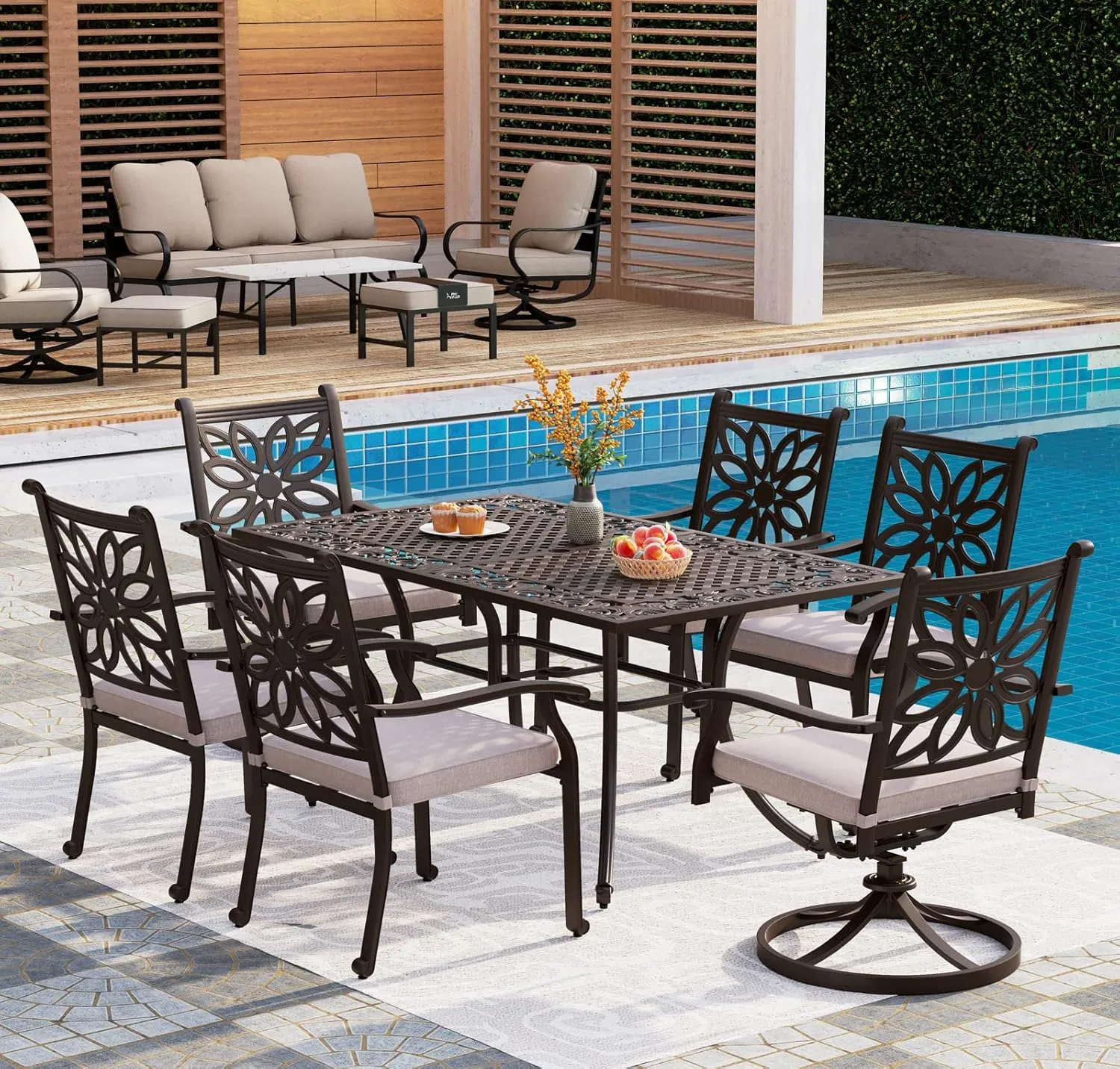 PHI VILLA Cast Aluminum Rectangular Patio Dining Tables for 6 Person, 64" x 37" Engraved Cast-Top Aluminum Table with 2.3" Umbrella Hole, Lawn Garden Tables for All Weather