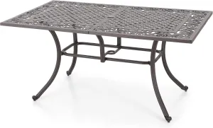 PHI VILLA Cast Aluminum Rectangular Patio Dining Tables for 6 Person, 64" x 37" Engraved Cast-Top Aluminum Table with 2.3" Umbrella Hole, Lawn Garden Tables for All Weather