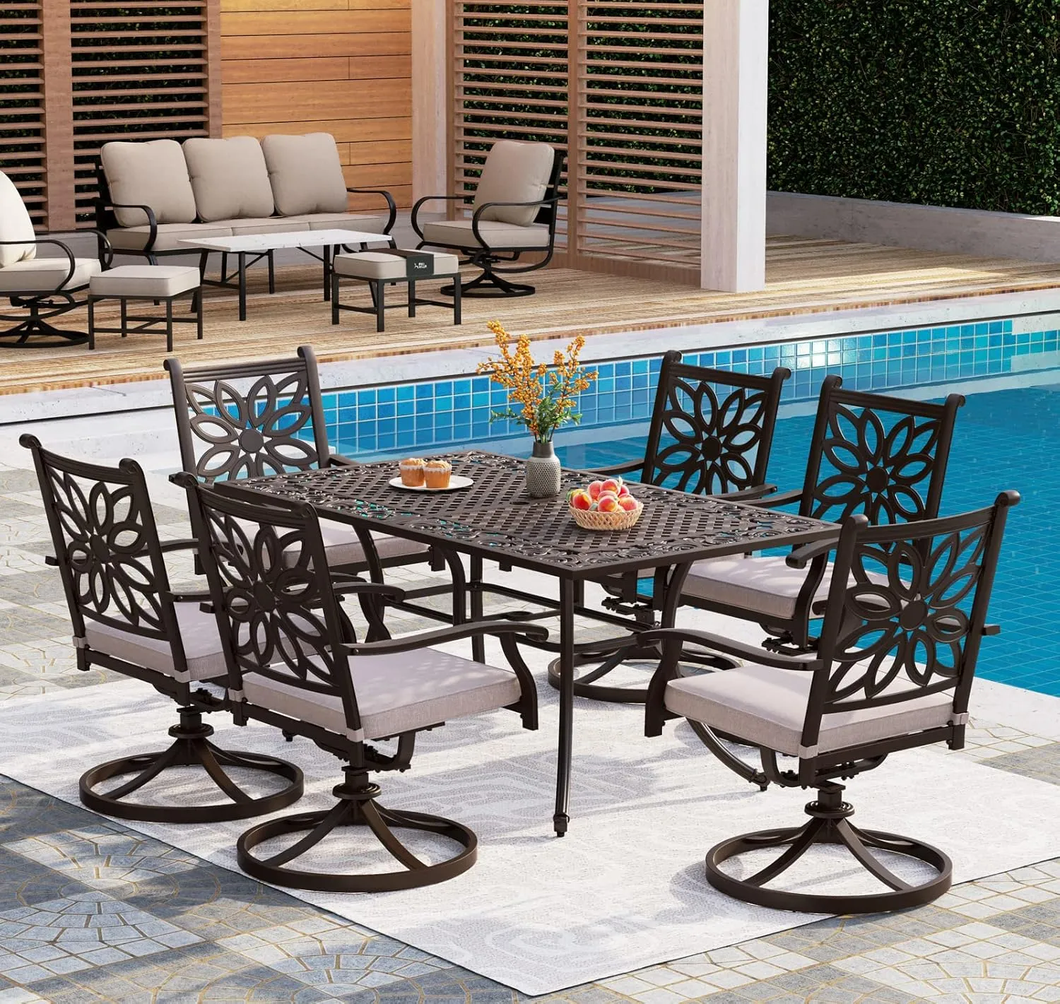 PHI VILLA Cast Aluminum Rectangular Patio Dining Tables for 6 Person, 64" x 37" Engraved Cast-Top Aluminum Table with 2.3" Umbrella Hole, Lawn Garden Tables for All Weather
