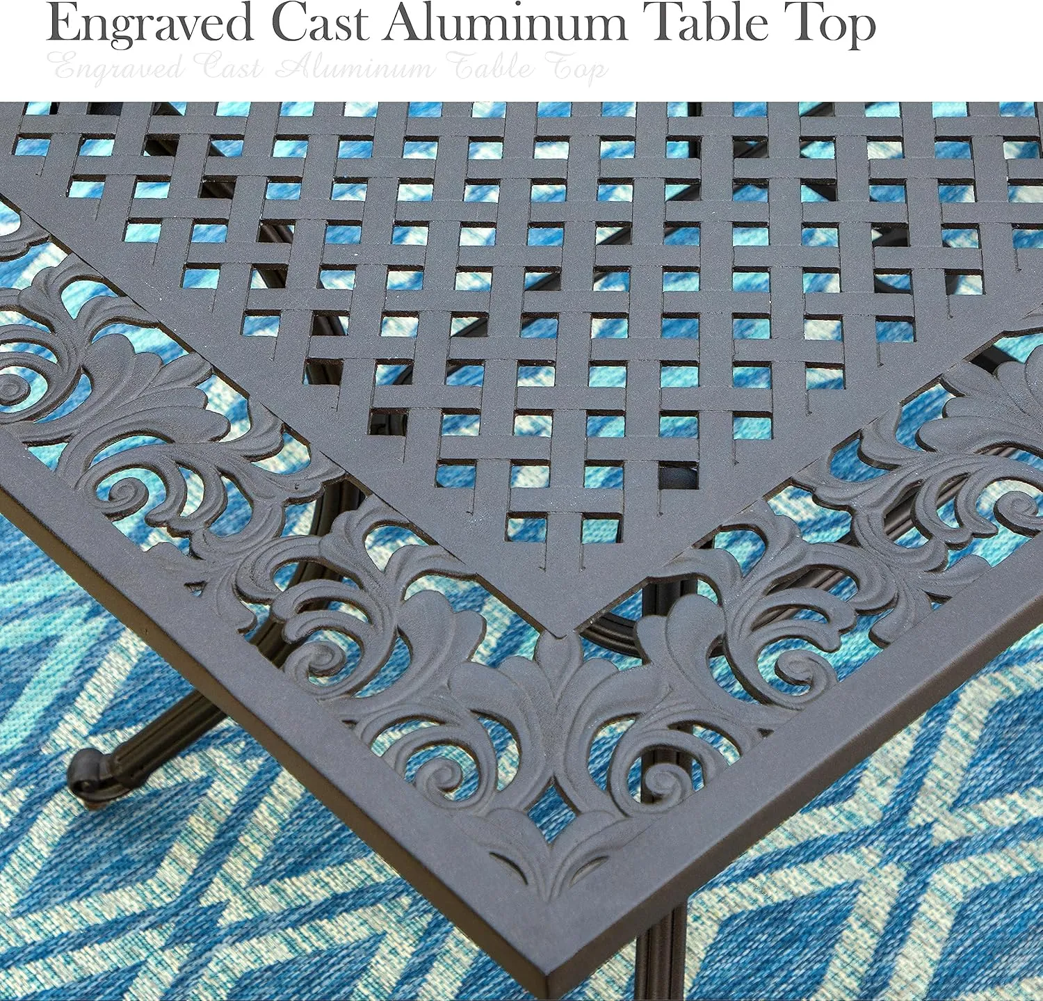 PHI VILLA Cast Aluminum Rectangular Patio Dining Tables for 6 Person, 64" x 37" Engraved Cast-Top Aluminum Table with 2.3" Umbrella Hole, Lawn Garden Tables for All Weather