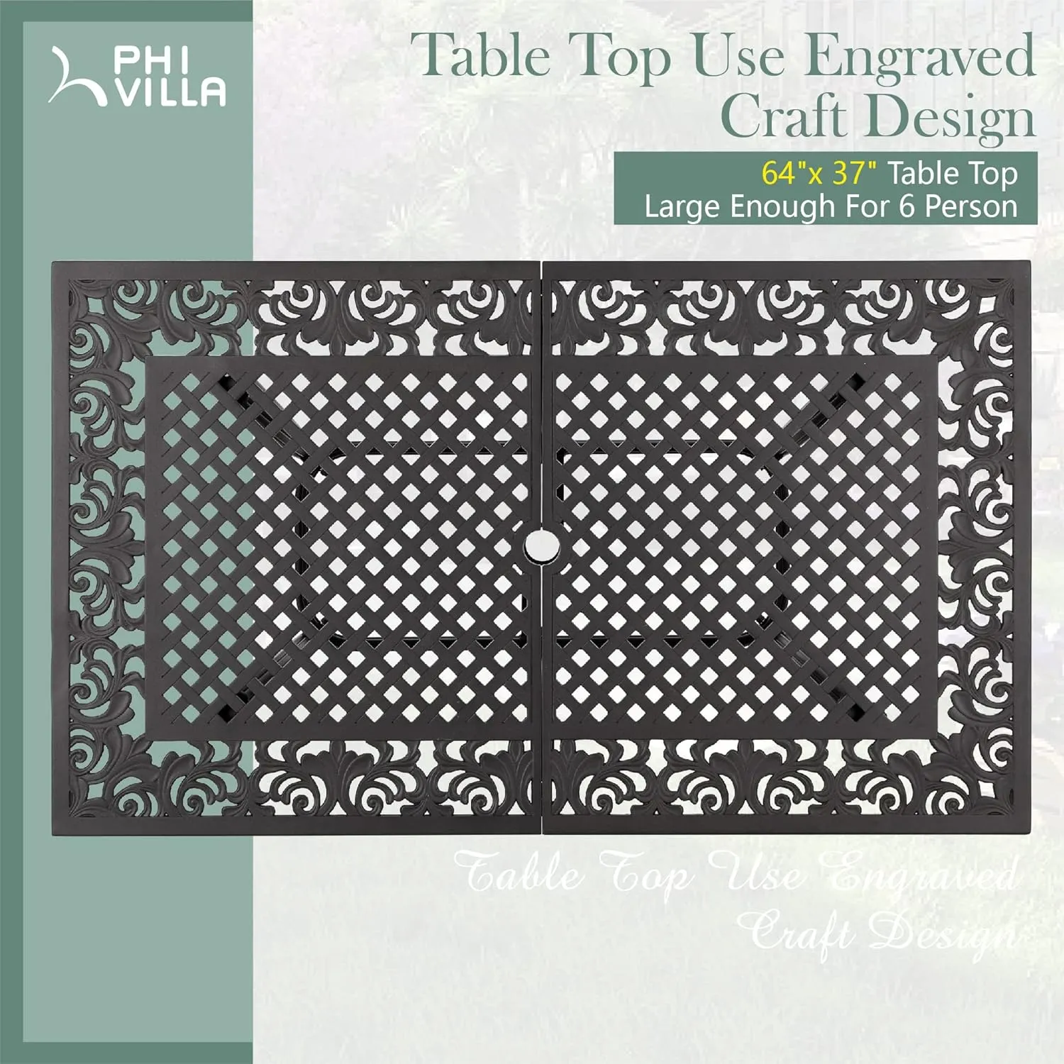PHI VILLA Cast Aluminum Rectangular Patio Dining Tables for 6 Person, 64" x 37" Engraved Cast-Top Aluminum Table with 2.3" Umbrella Hole, Lawn Garden Tables for All Weather