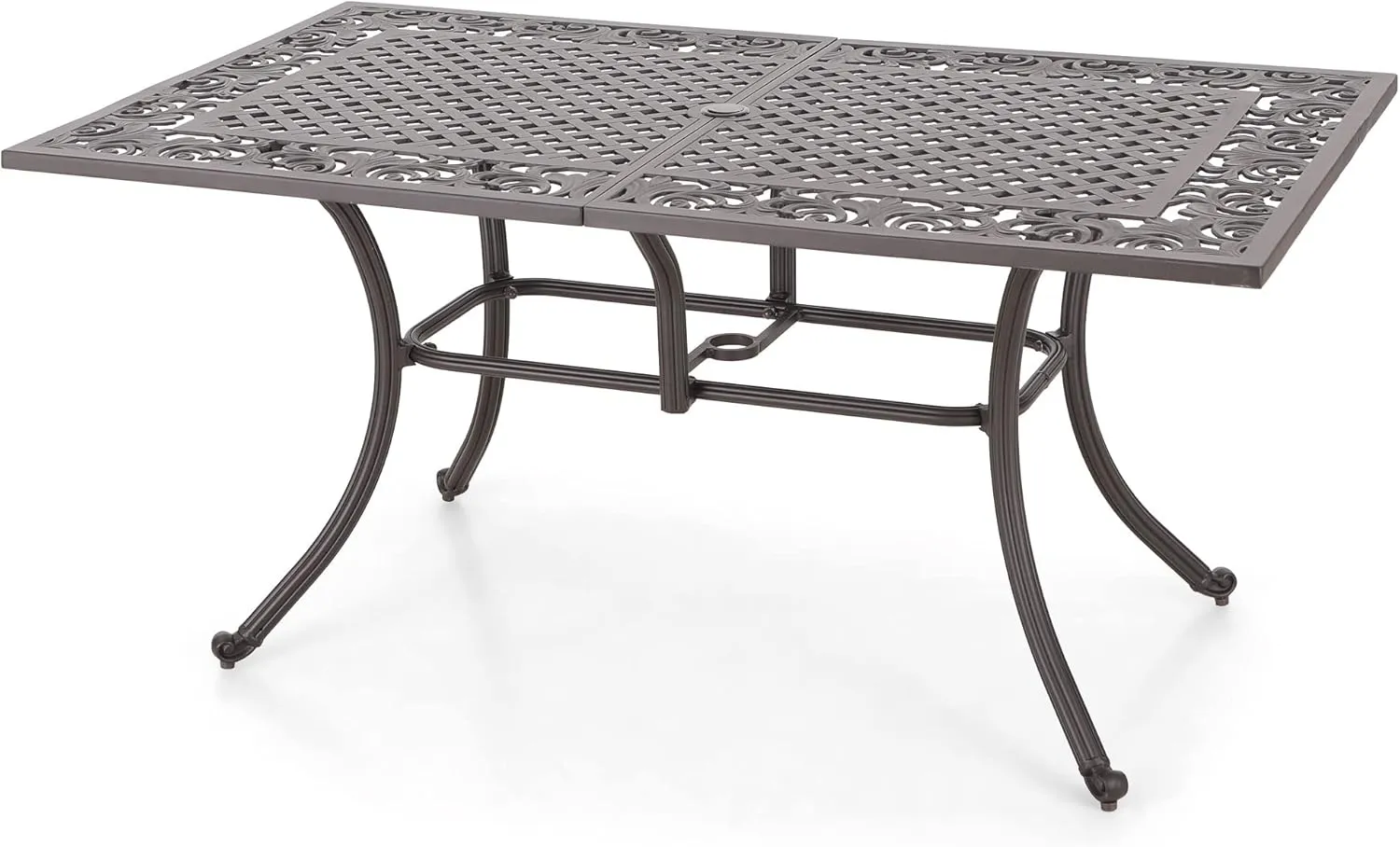 PHI VILLA Cast Aluminum Rectangular Patio Dining Tables for 6 Person, 64" x 37" Engraved Cast-Top Aluminum Table with 2.3" Umbrella Hole, Lawn Garden Tables for All Weather