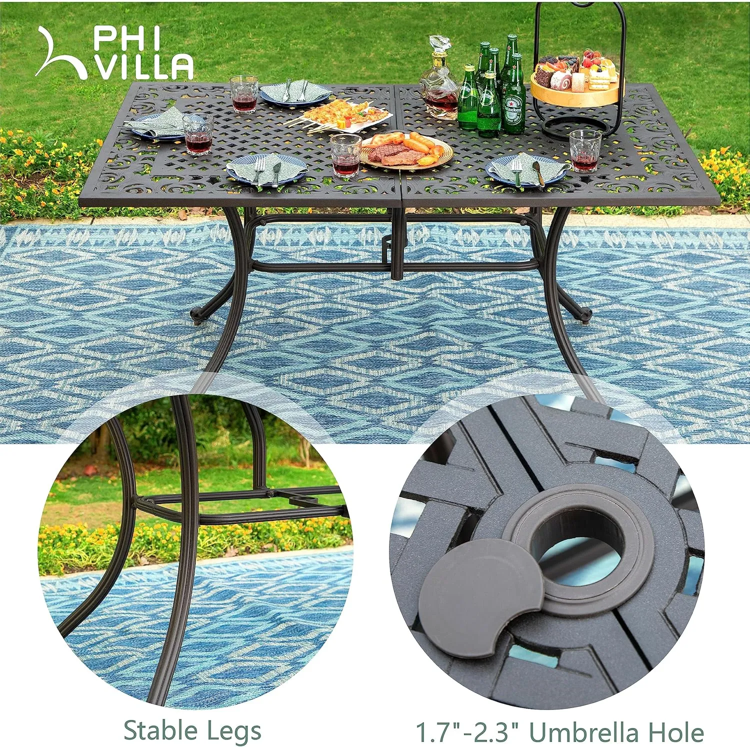 PHI VILLA Cast Aluminum Rectangular Patio Dining Tables for 6 Person, 64" x 37" Engraved Cast-Top Aluminum Table with 2.3" Umbrella Hole, Lawn Garden Tables for All Weather